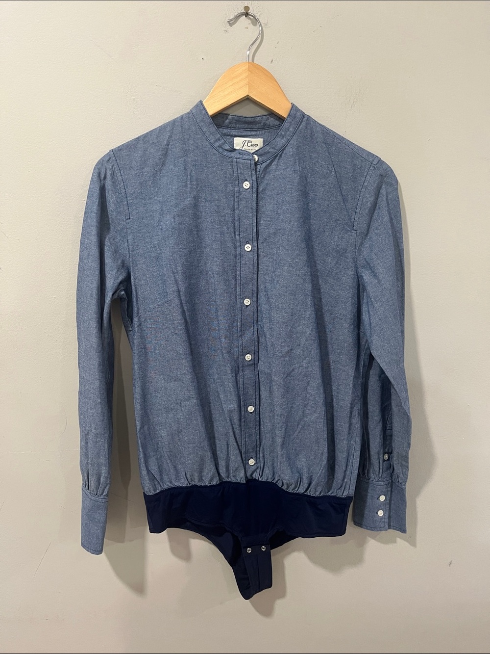 J. Crew Blue Chambray Button-Down Bodysuit with Navy Hem